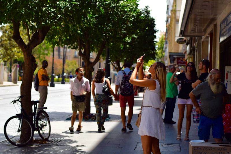 Tourists sightseeing on a European city street